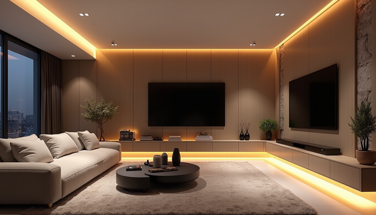 Eye-level view of a modern luxury home’s integrated smart lighting and audio system in a living room