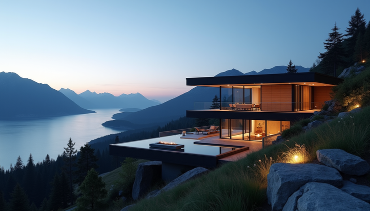Eye-level view of a modern luxury home overlooking the Sea-to-Sky corridor with smart home lighting