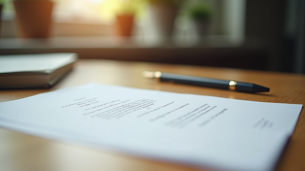 Close-up view of a college acceptance letter and a pen on a wooden table