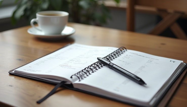 Eye-level view of a planner open on a wooden desk with a pen and a cup of coffee