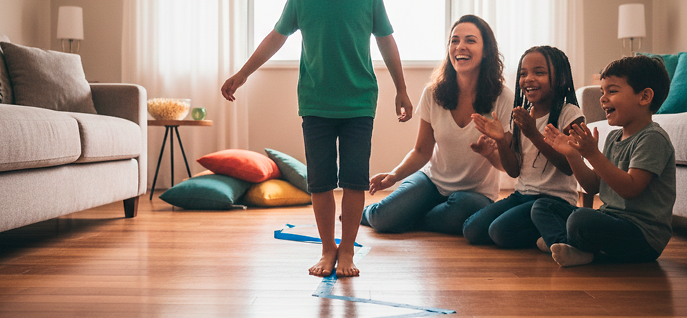 3 crianças e uma adulta brincando de corda bamba - andar sobre a linha
