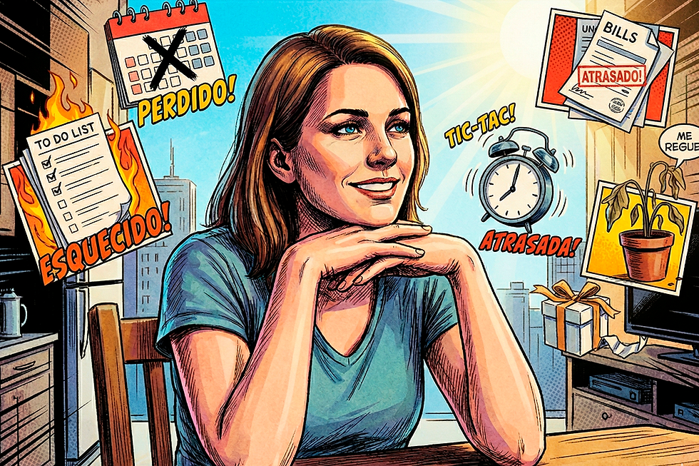 Ilustração de uma mulher pensando com vários objetos organizacionais de fundo