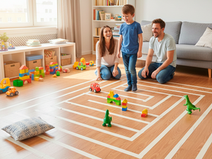 criança brincando de labirinto com seus pais
