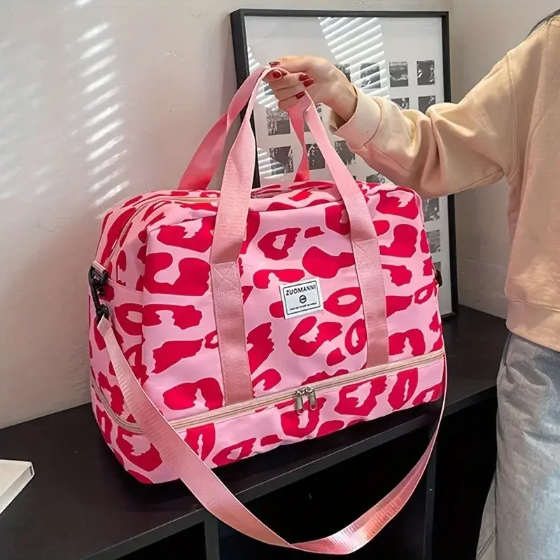 Large Capacity Nylon Travel Duffle Bag with Animal Print for Women