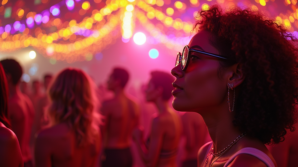 Close-up view of a vibrant baile funk event with colorful decorations
