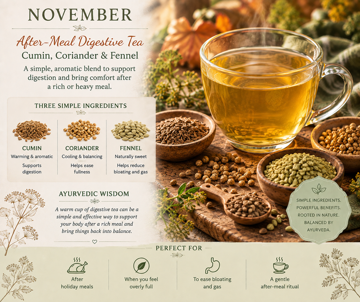 November infographic of after-meal digestive tea with a steaming glass, cumin, coriander, fennel, and benefits for bloating.