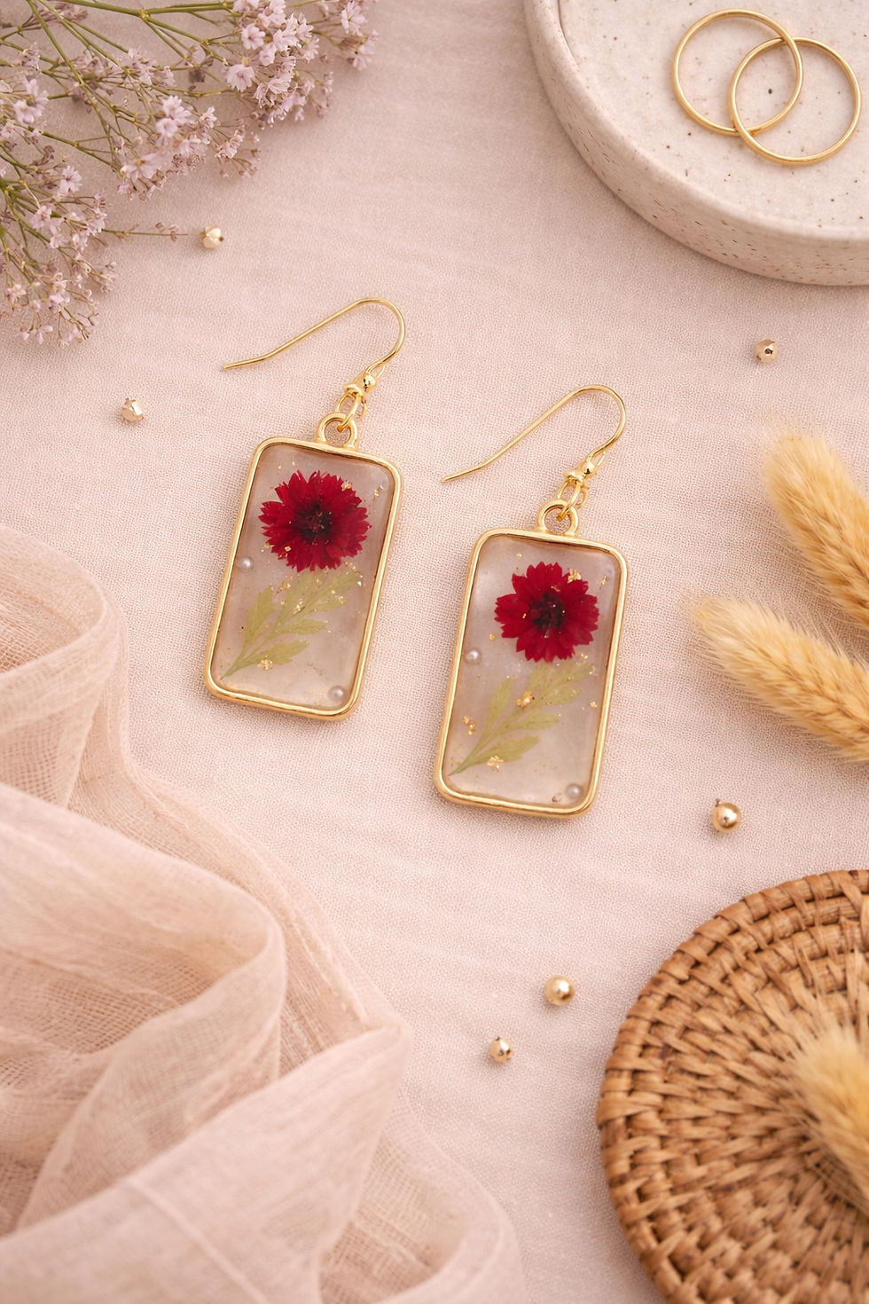 Thumbnail: Crimson Meadow Pressed Flower Earrings
