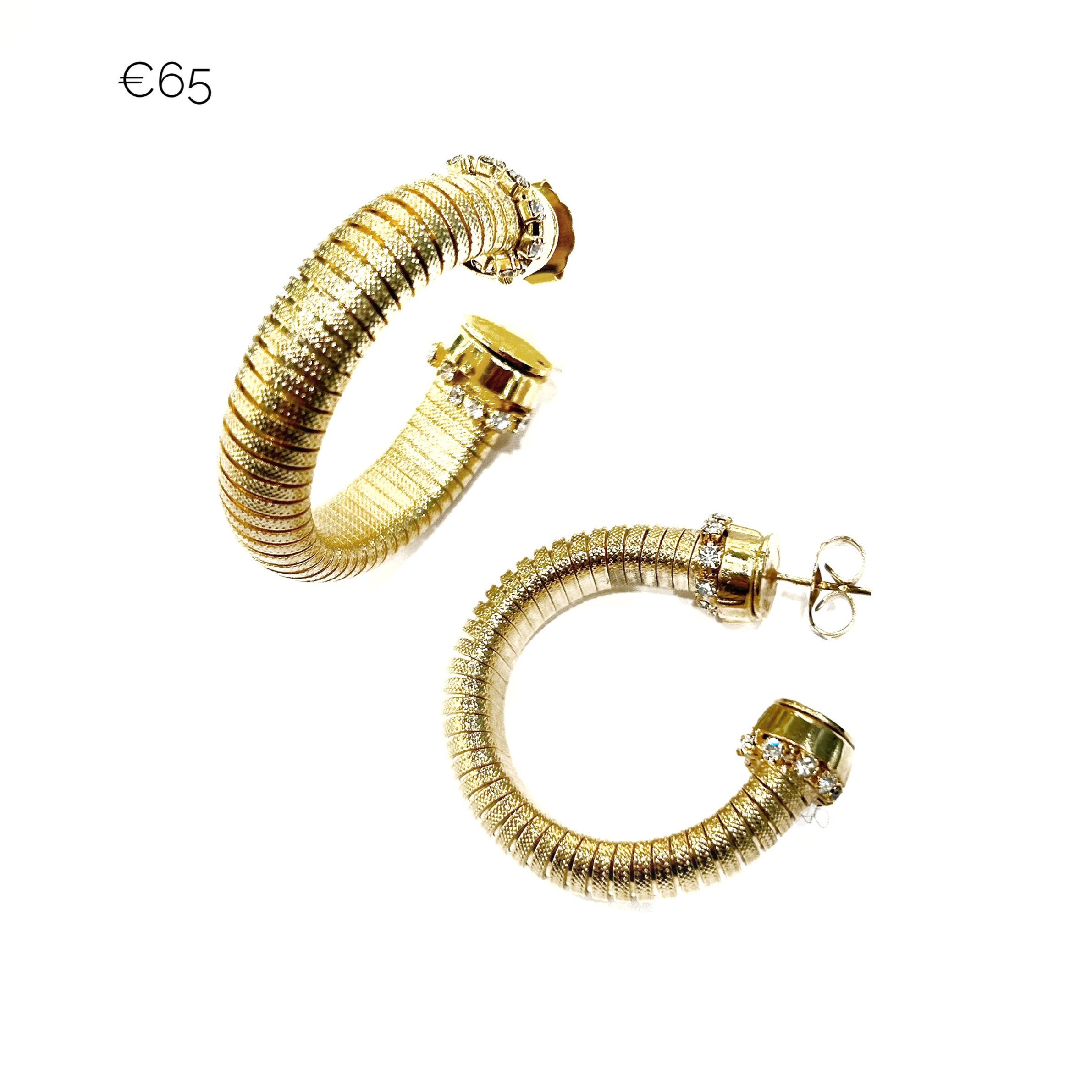 Orecchini anelle/semicerchio in ottone bagno oro con riviera di strass  