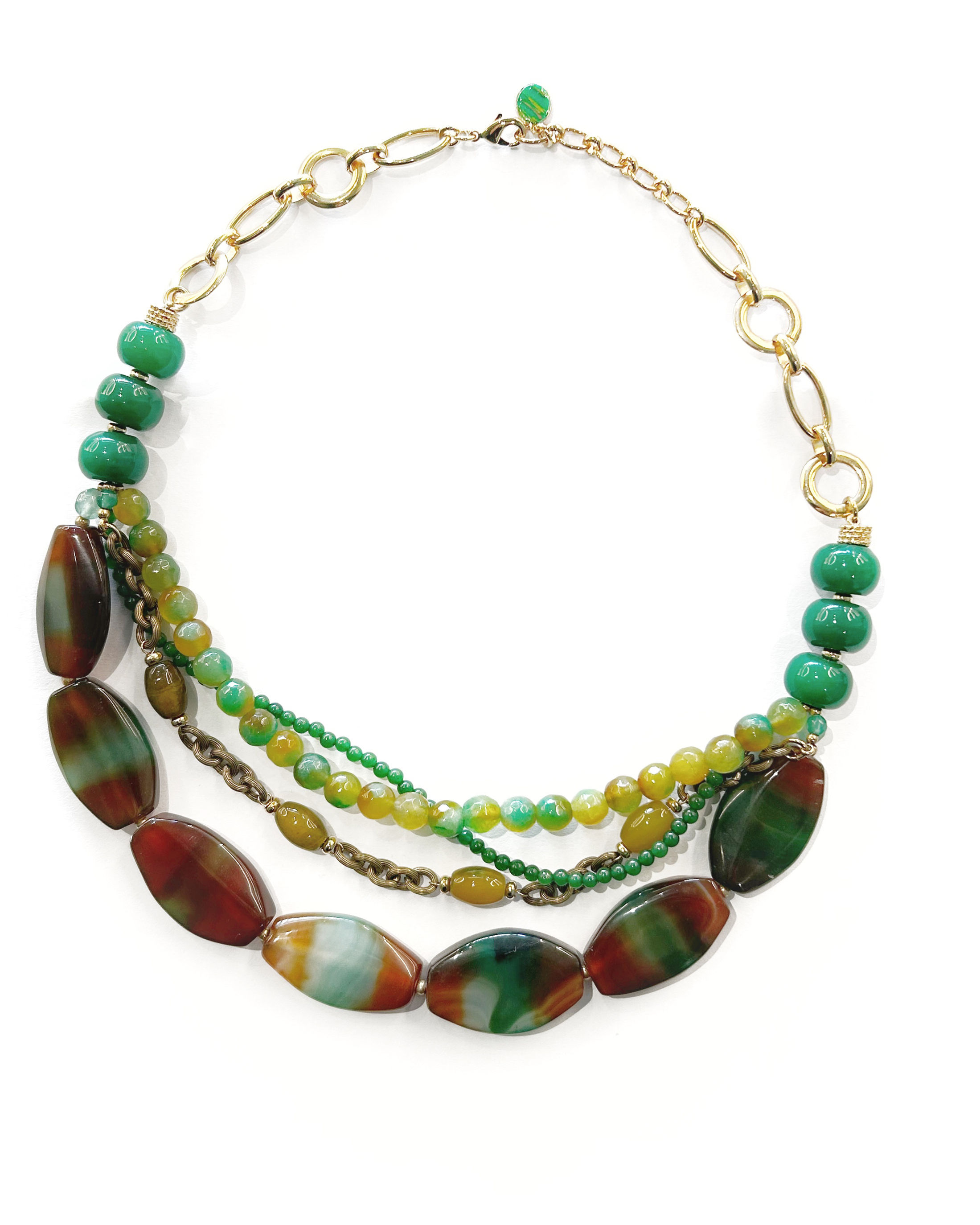 Collana in ottone bagno oro, avventurina e agata