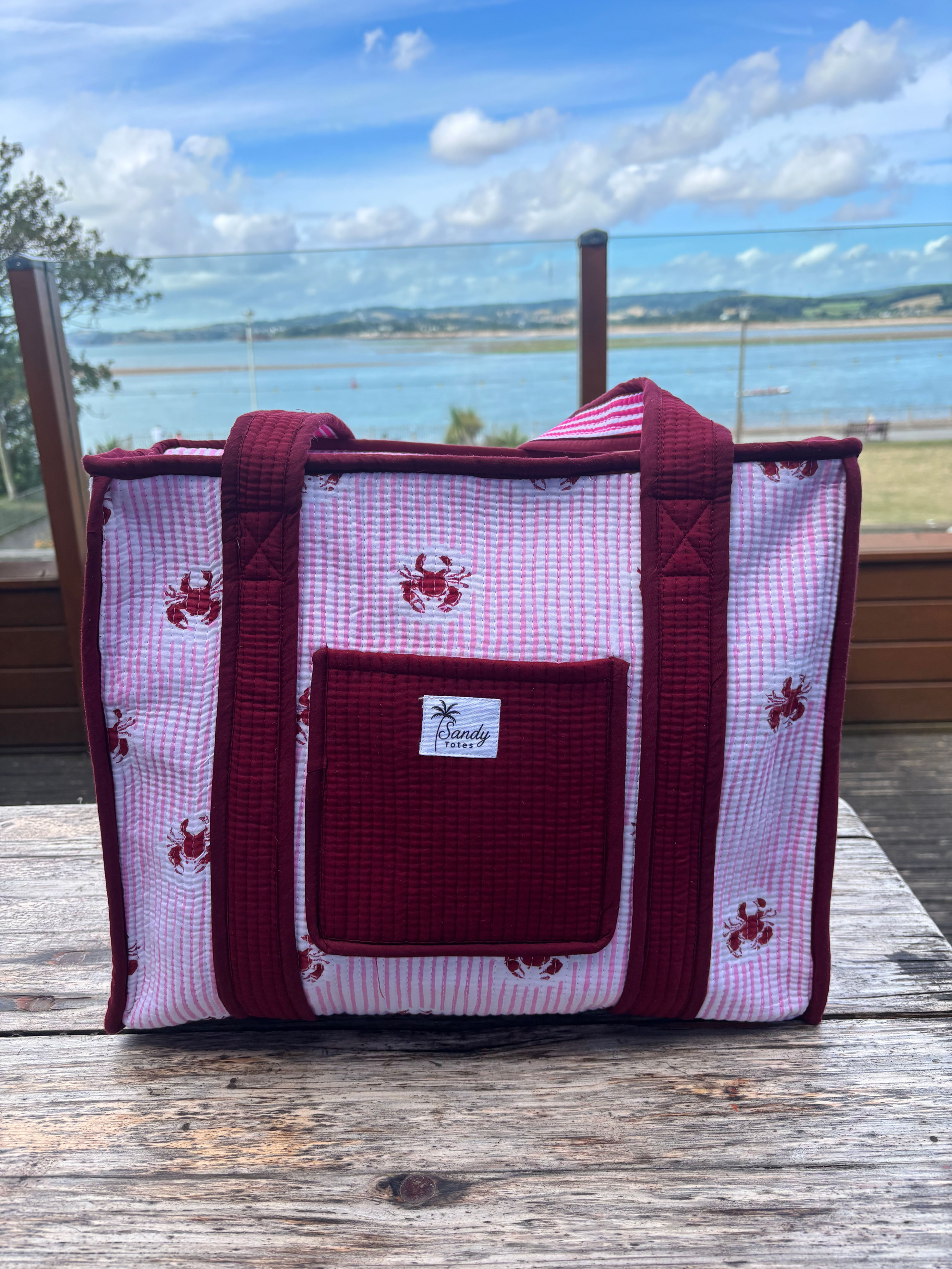 Burgundy Crab Print Tote Bag With Water Bottle Holder