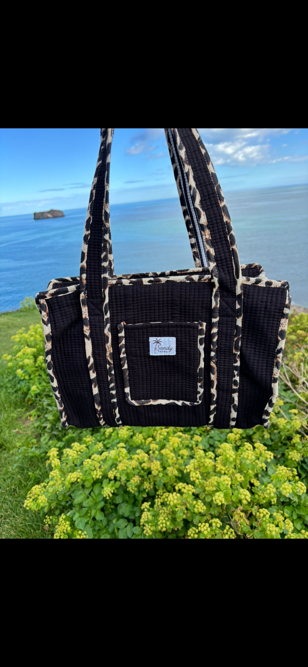 Leopard Noir Quilted Midi Tote With Water Bottle Holder 