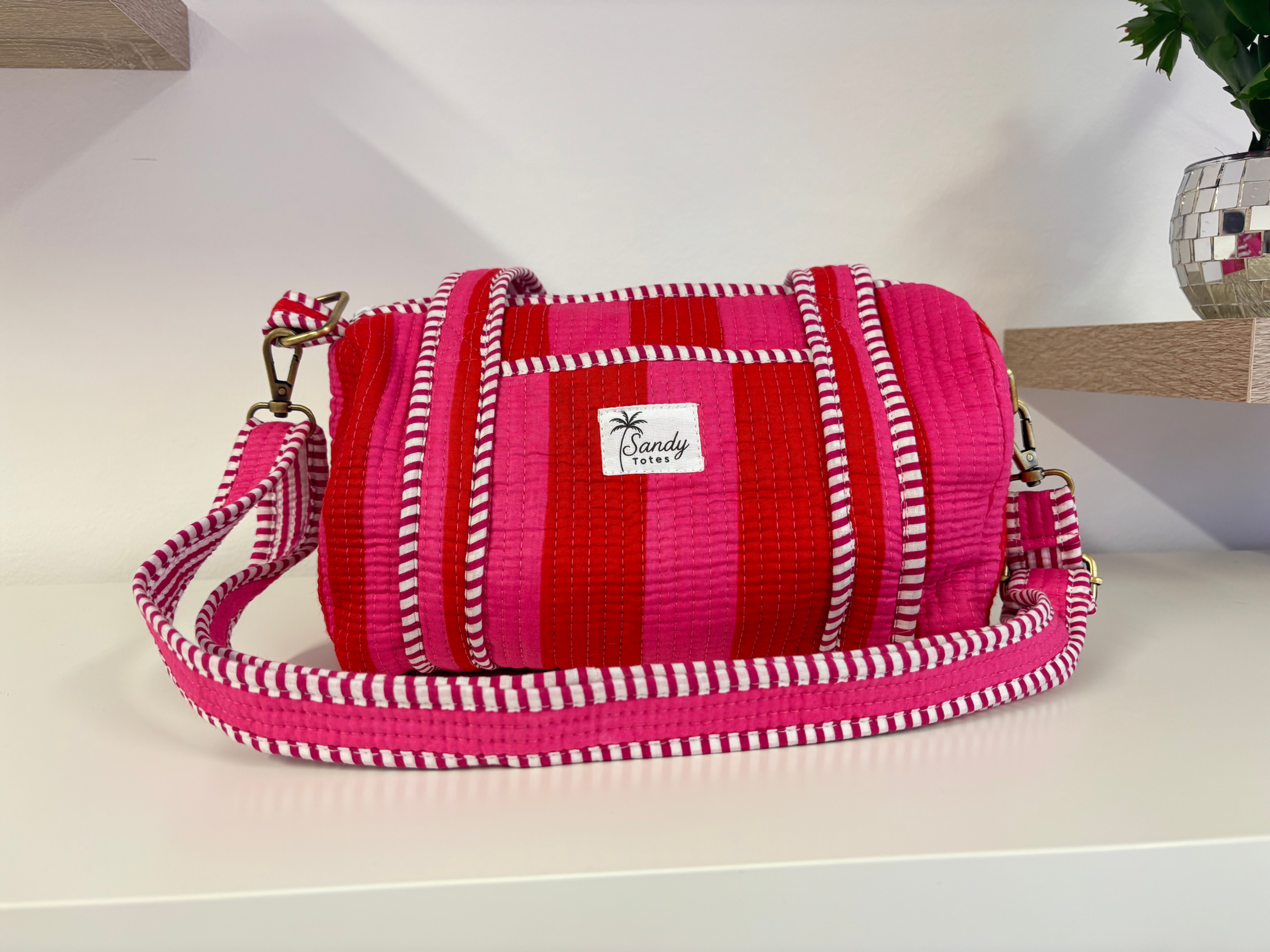 Chunky Stripe Pink And Red Mini Duffel Bag With Detachable Cross Body Strap