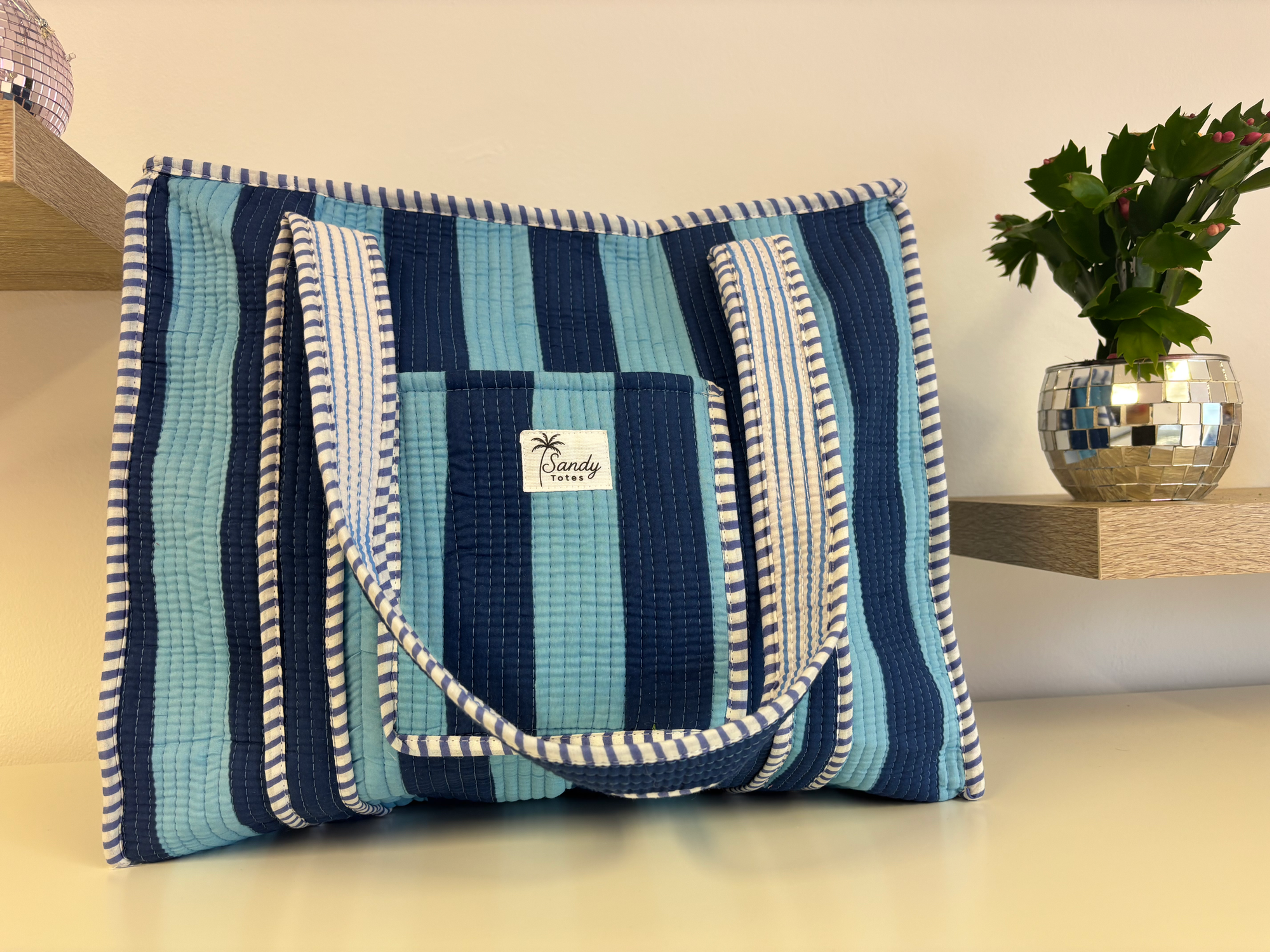  Blue Chunky Stripe Quilted Block Print Tote Bag 