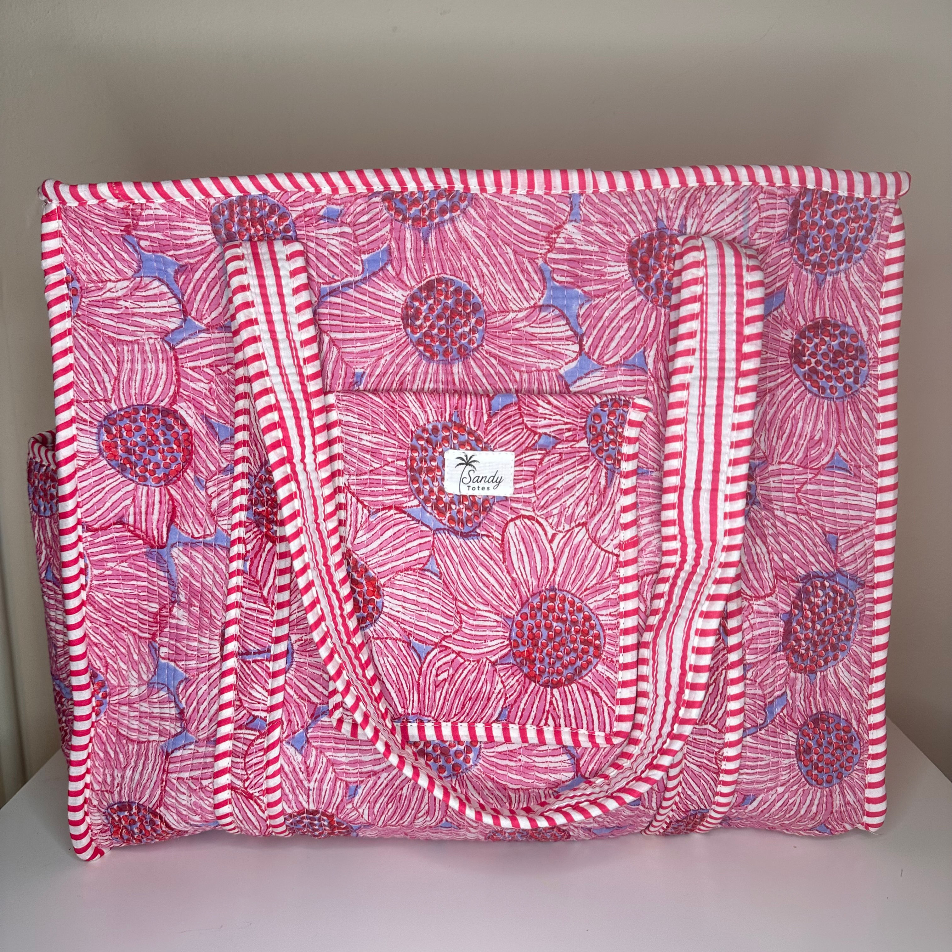 Pink Bloom Block Print Quilted Tote Bag, With Zip 