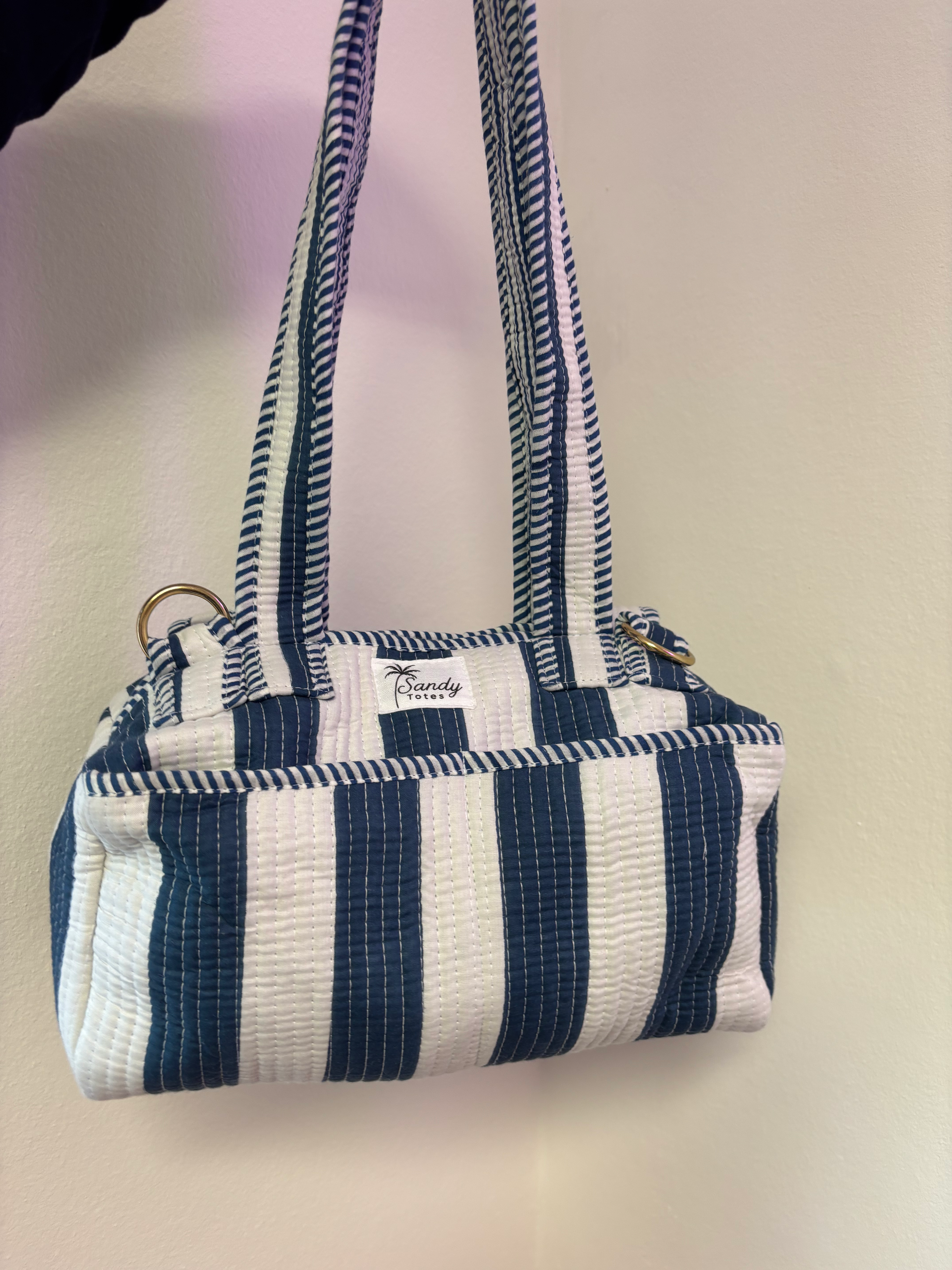 Chunky Blue Pinstripe Baby Change Bag With Pushchair Attachment