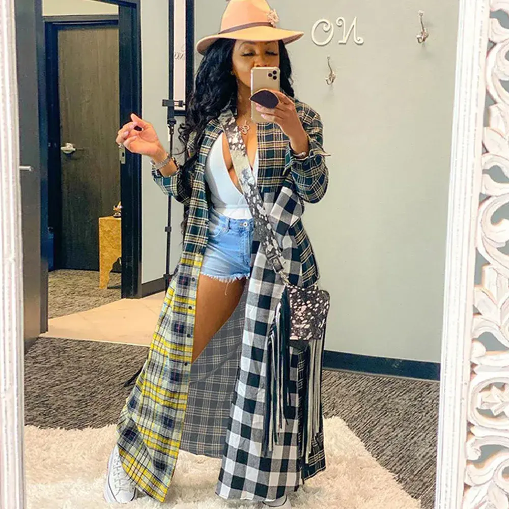 Blusa Feminina Oversized Long Plaid Shirts for Women