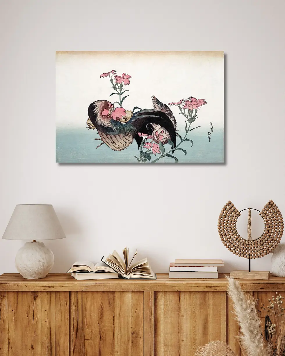 Thumbnail: Roosters and Pink Carnations Woodblock (c. 1830) – Katsushika Hokusai