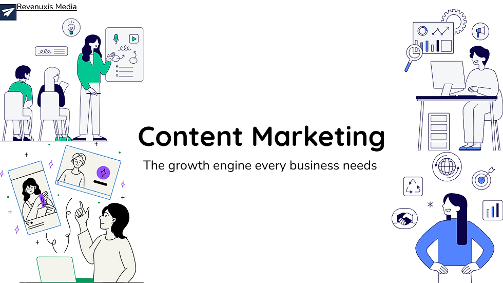 Animated office scene with diverse people collaborating on laptops; charts and icons indicate growth. Text: Content Marketing, growth engine.