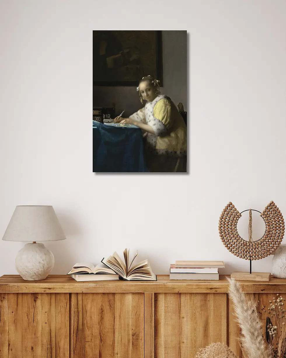 Thumbnail: A Lady Writing (c. 1665) Oil Painting Print – Johannes Vermeer
