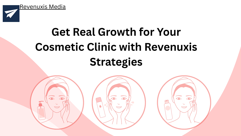 Graphic with "Revenuxis Media" logo and text "Get Real Growth for Your Cosmetic Clinic." Illustrations show skincare routines in pink tones.