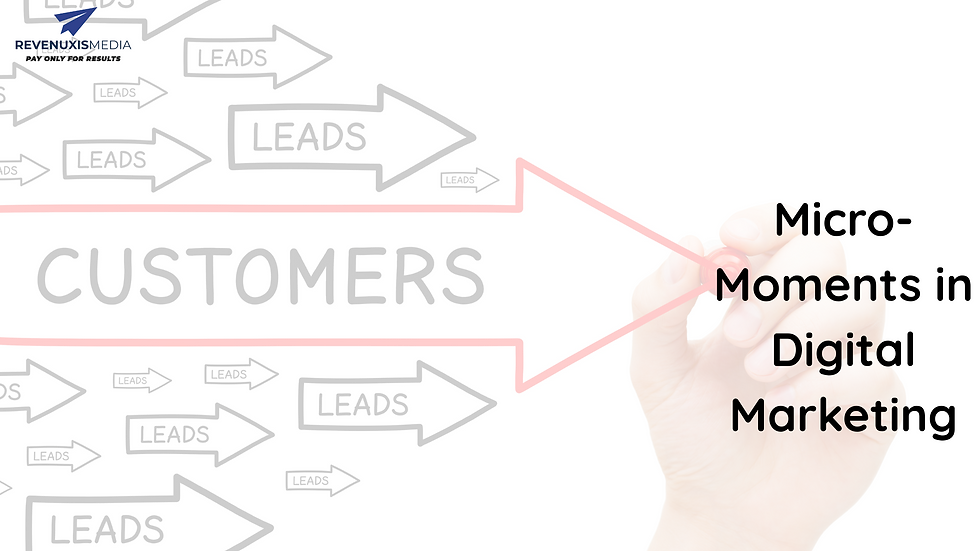 Hand pointing at large red arrow labeled "CUSTOMERS" amid smaller "LEADS" arrows. Text: "Micro-Moments in Digital Marketing."