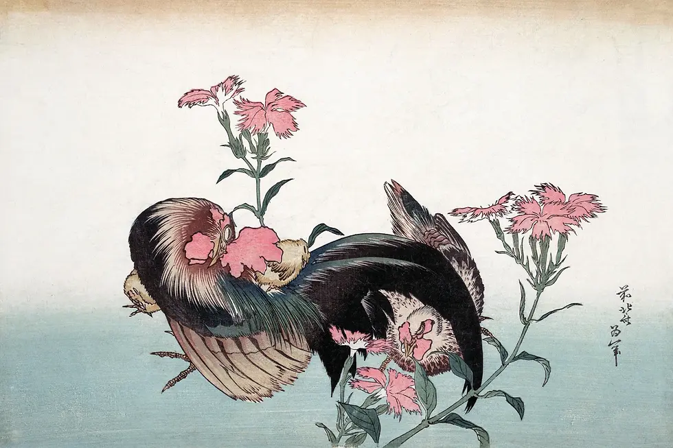 Thumbnail: Roosters and Pink Carnations Woodblock (c. 1830) – Katsushika Hokusai