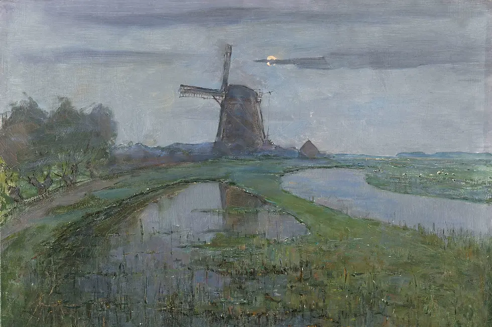 Thumbnail: Oostzijdse Mill Along the River Gein by Moonlight (c. 1903) – Piet Mondrian