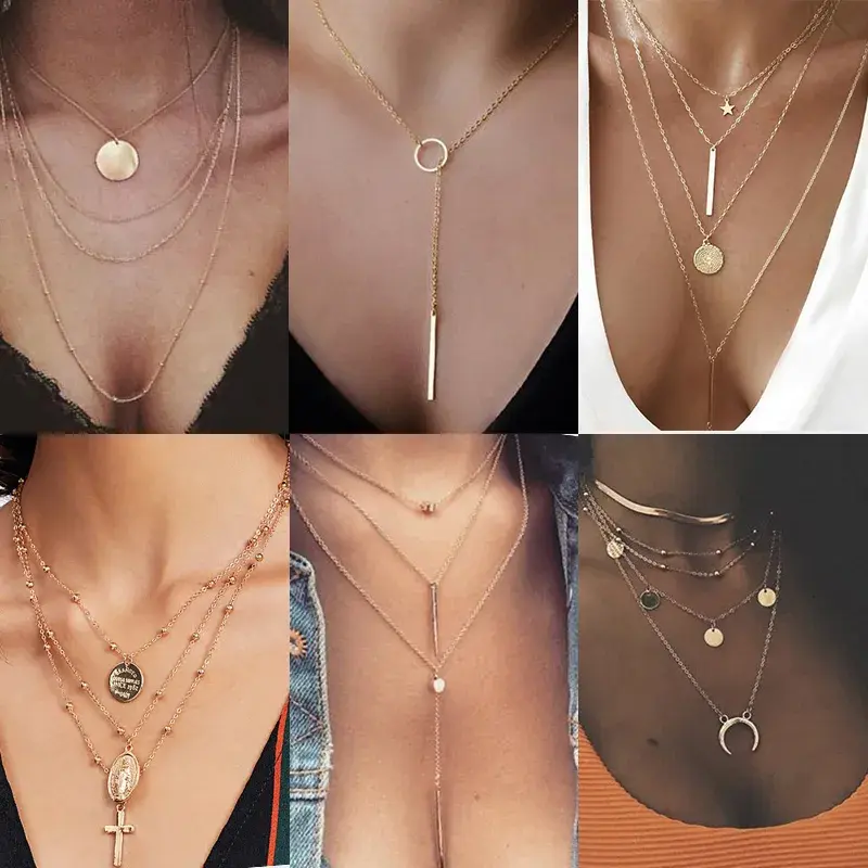 Pendant Necklace Women Gold Color Beads Moon Star Horn Crescent Choker