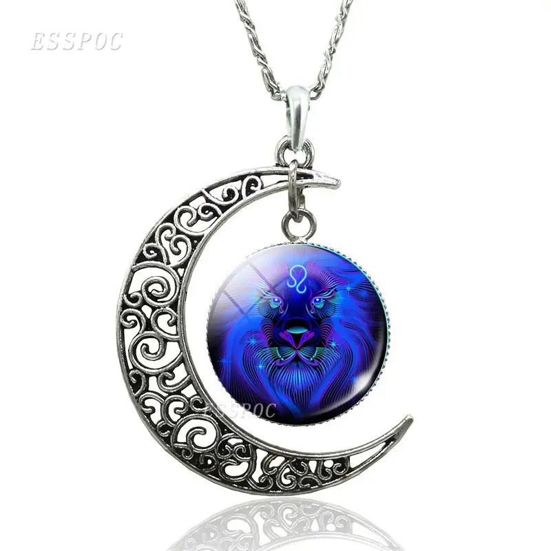 縮圖：月亮12 星座凸圓形玻璃項鍊 Moon 12 Constellation Zodiac Signs Cabochon Glass Neaclace