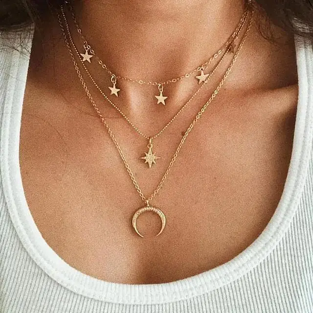 Miniatura: Pendant Necklace Women Gold Color Beads Moon Star Horn Crescent Choker
