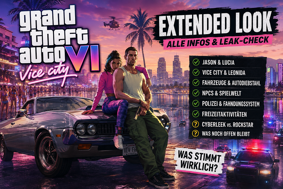 GTA-6-Extended-Look-Grafik mit Vice-City-Kulisse, Jason-und-Lucia-inspiriertem Duo, Fahrzeugen, Polizei und Übersicht zu Gameplay, NPCs, Fahndungssystem und CyberLeek-Vergleich.