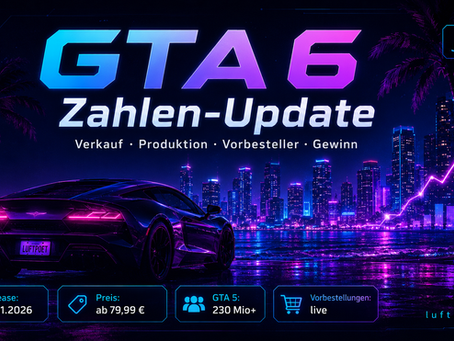 Futuristisches GTA-6-Beitragsbild im Luftpoet-Stil mit Neon-Stadt, Sportwagen, Finanzgrafik und Zahlen-Update zu Verkauf, Vorbestellungen, Produktion und Gewinn.