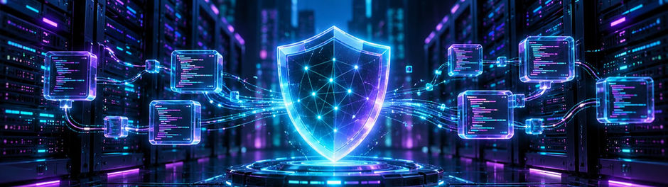 Leuchtender Schutzschild zwischen Servern und Codefenstern als Symbol für das Node.js Sicherheitsupdate Oktober 2026.