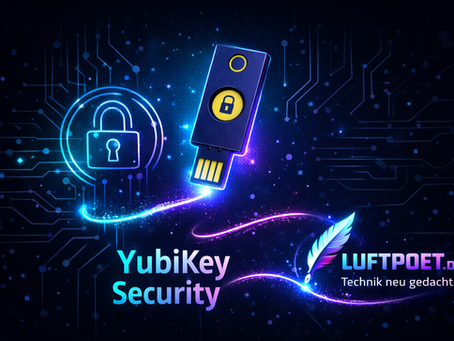 YubiKey im Neon-Design mit Schlosssymbol, digitalem Netzwerk und Luftpoet.de Branding inklusive Feder für moderne IT-Sicherheit