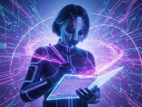 Futuristische digitale Schreibszene im Luftpoet-Stil: Eine leuchtende Cyber-Figur schreibt mit einem Neon-Stift auf einem holografischen Tablet, umgeben von cyan-blauen und violetten Datenströmen, Schaltkreisen und Lichtwirbeln.