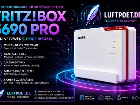 FRITZ!Box 5690 Pro Wi-Fi 7 Router im Luftpoet Design mit Glasfaser, DSL, 2,5 Gbit LAN und Smart Home Funktionen im futuristischen Neon-Stil