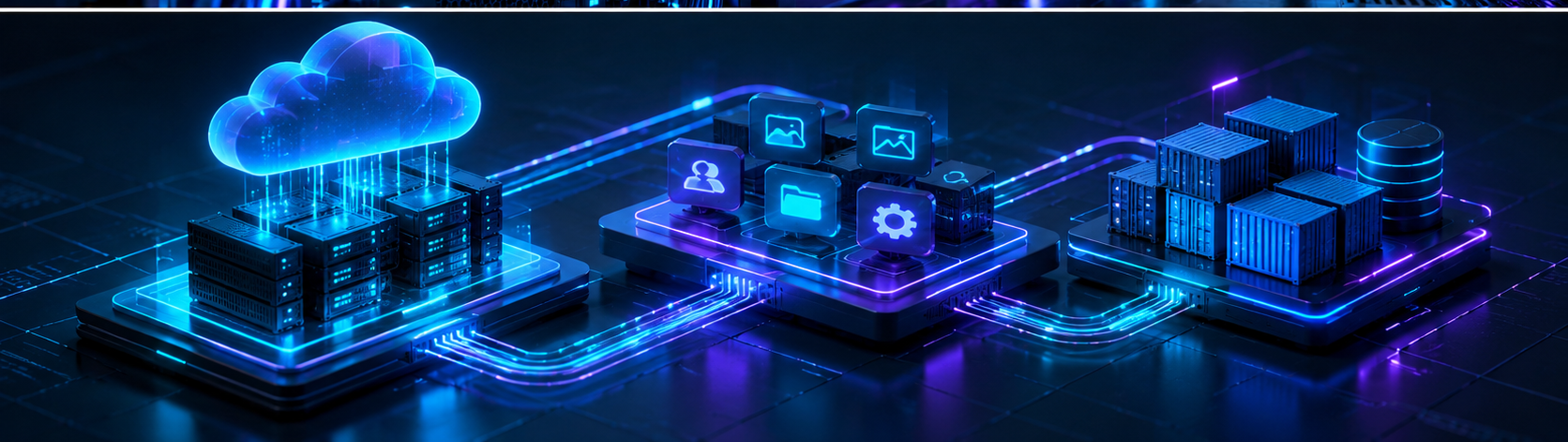 Drei Ebenen eines Nextcloud-Sicherheitschecks: Server, Apps und AIO im dunklen Neon-Design