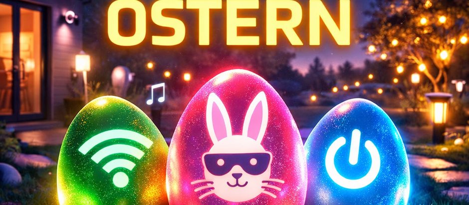 Smarte Ostern mit Smart Home: leuchtende Ostereier mit WLAN, Licht und Technik in einem modernen Garten bei Nacht – luftpoet.de