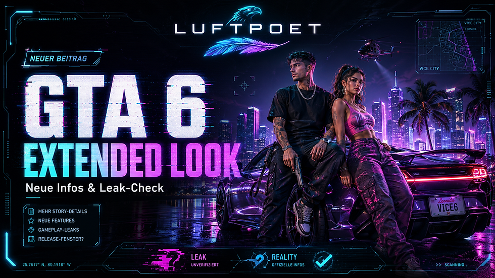 Futuristisches GTA-6-Extended-Look-Titelbild im Luftpoet-Stil mit Vice-City-Kulisse, Jason-und-Lucia-inspiriertem Duo, Sportwagen und Leak-vs.-Realität-Thema.