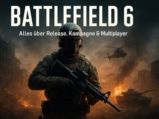 Battlefield 6 Keyart: Soldat in taktischer Ausrüstung mit Gewehr im Vordergrund, zerstörte Stadt im Hintergrund, Helikopter und Panzer im Einsatz, Feuer und Rauch, Text ‚Battlefield 6 – Alles über Release, Kampagne & Multiplayer‘.