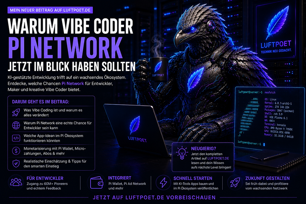 Luftpoet-Maskottchen als futuristischer Cyber-Adler arbeitet am Laptop und symbolisiert KI-Entwicklung und das Pi-Network-Ökosystem für Vibe Coder.