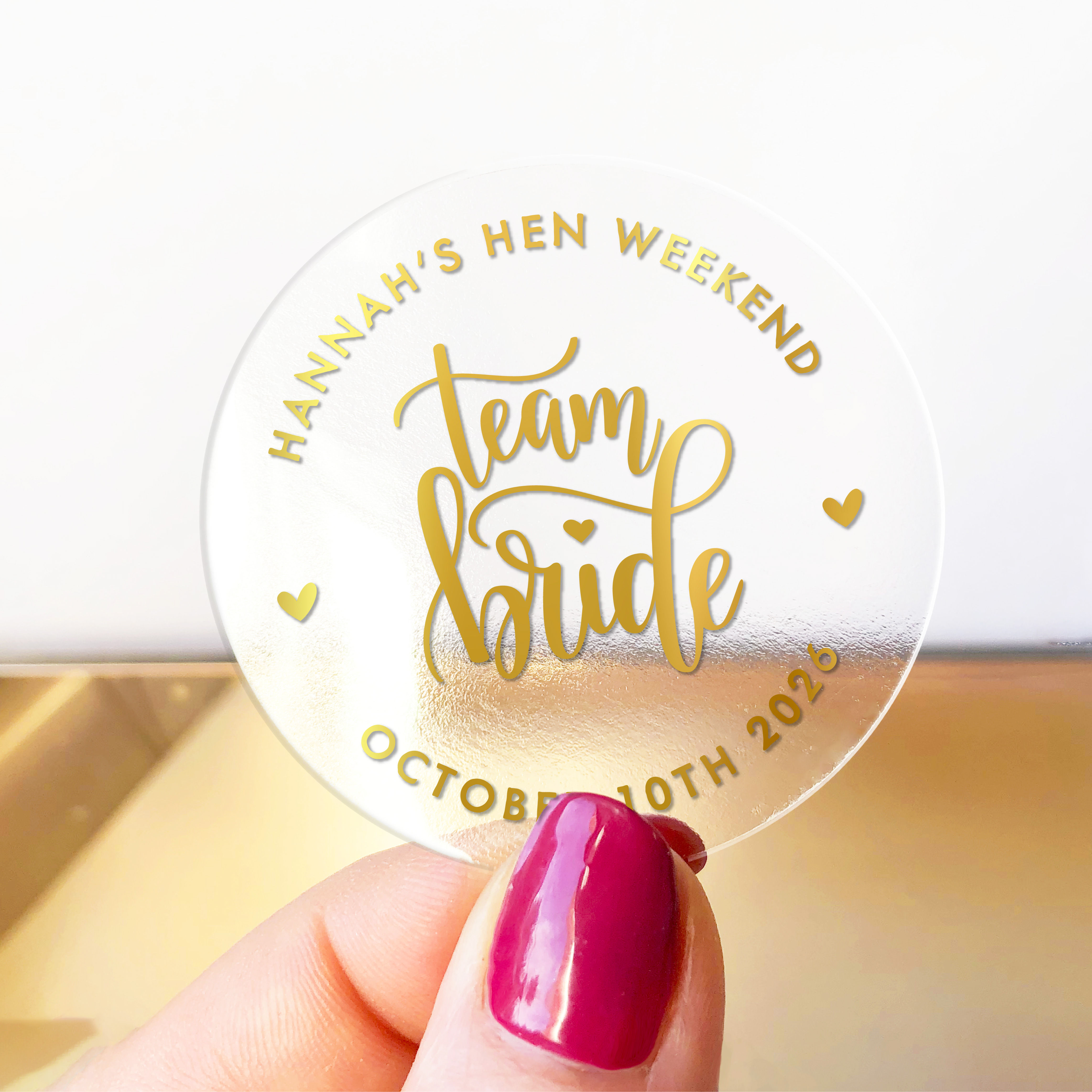 Personalized Clear Hen Party Stickers – Custom Transparent Labels with Gold Foil