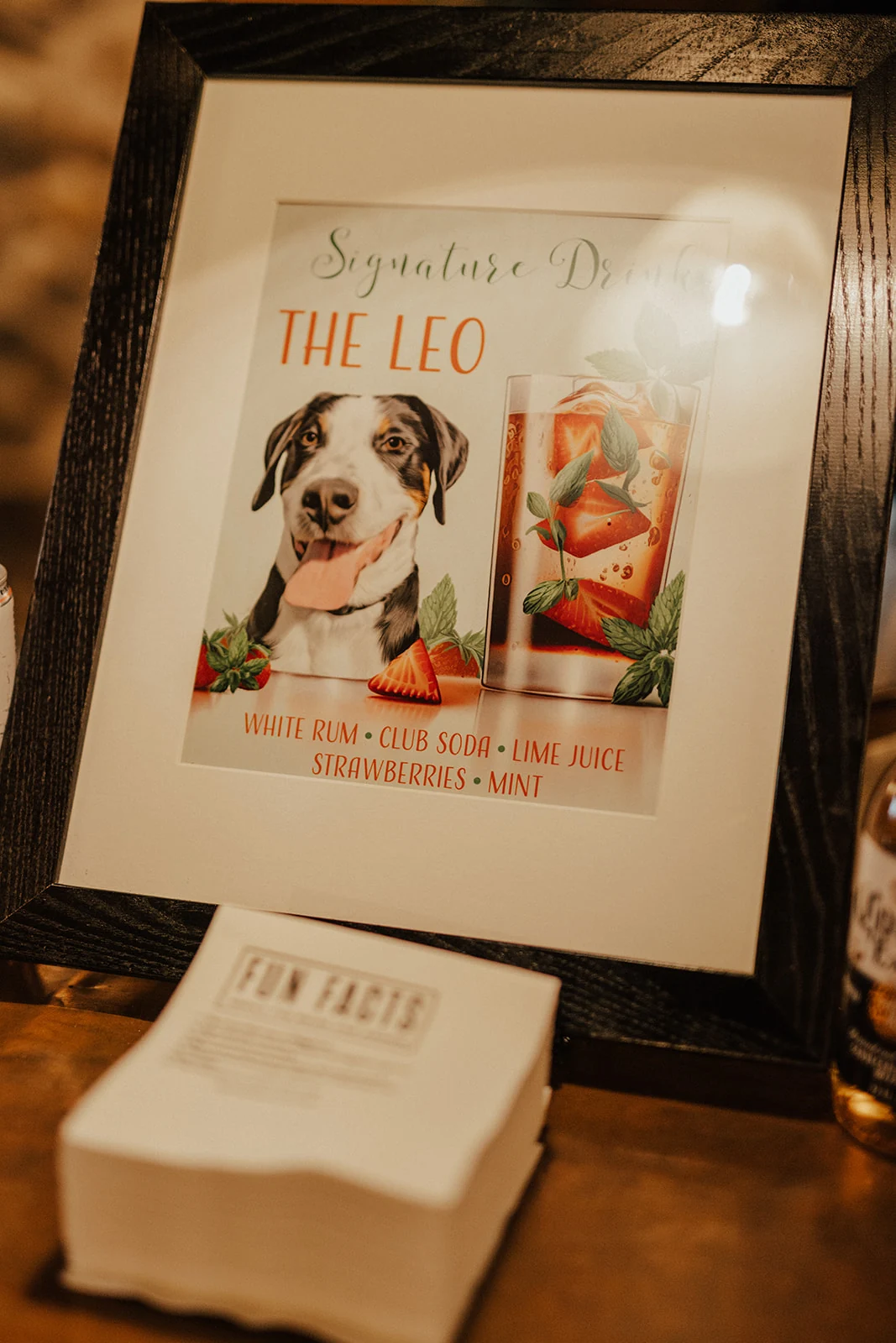 Custom signature drink sign featuring a pet portrait on a luxury wedding bar at The Barn at Silverstone in Lancaster, PA