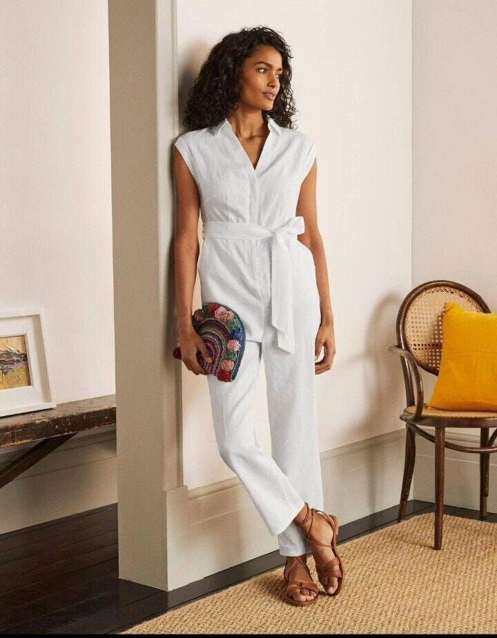 Thumbnail: Boden Catriona Linen Jumpsuit White Size Uk 8L Brand New T0780 Sample P2