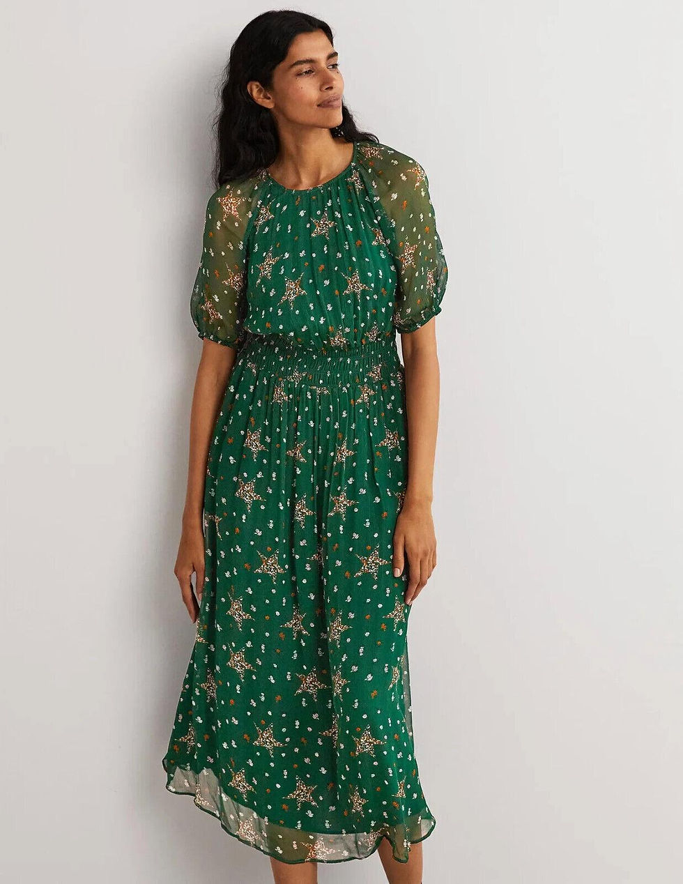 Thumbnail: BODEN Deep Smocked Waist Midi Dress Hunter Green Star Floral D0350 UK 8P NEW D28