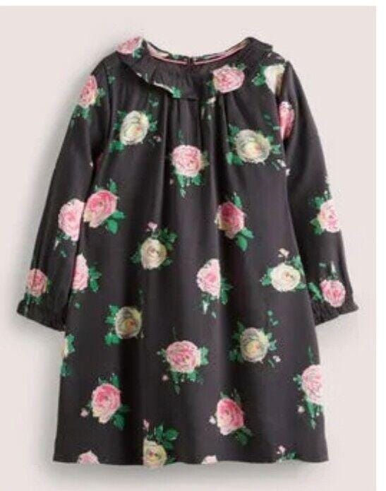 Mini Boden Girls Woven Printed Dress Charcoal Age 7-8 Years Brand New