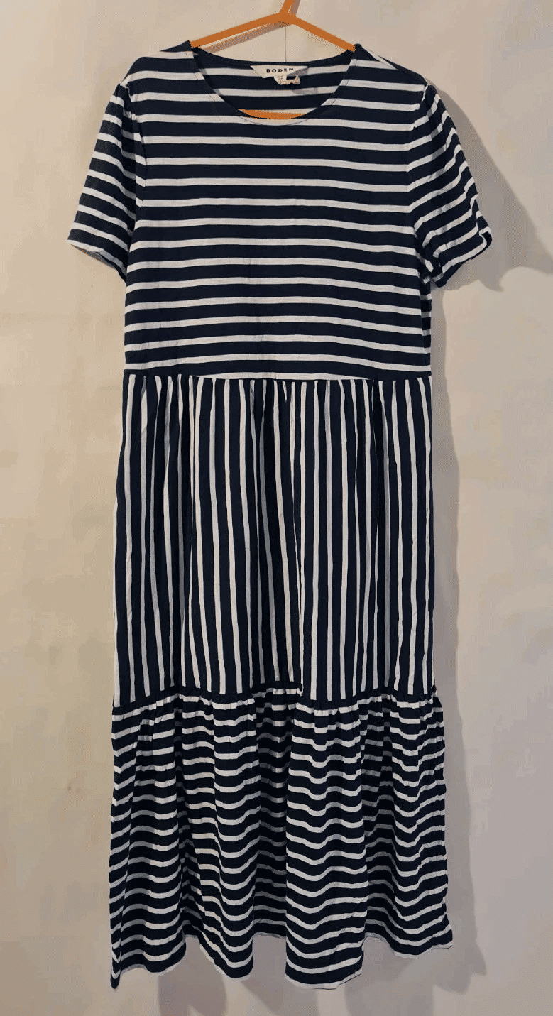 Thumbnail: Boden Emma Tiered Jersey Midi Dress D0485 Navy Stripe Size UK 12P Brand New A14