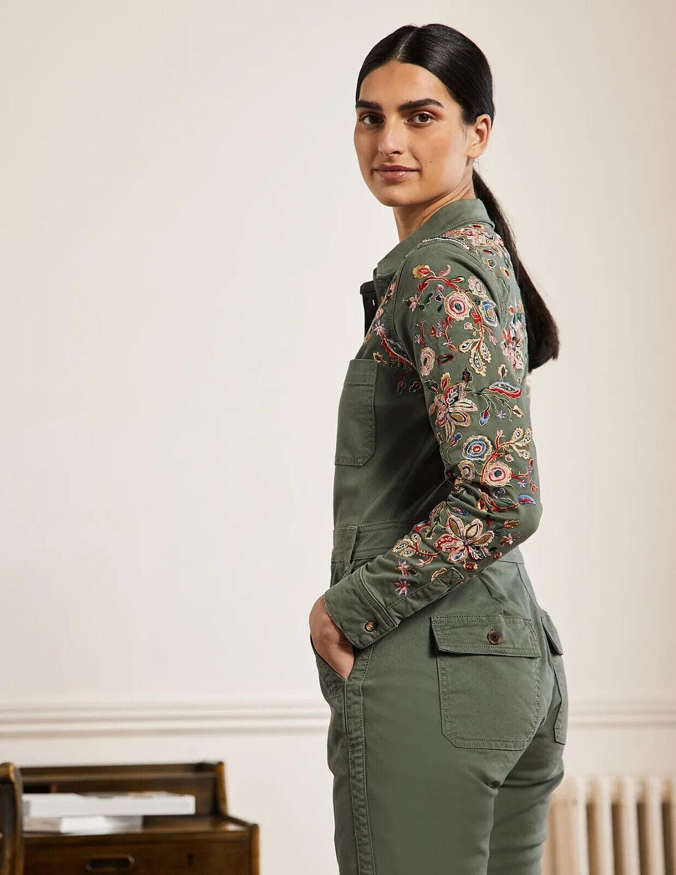 Thumbnail: Boden Carly Jeans Jumpsuit Green Embroidered Size Uk 8T Brand New D0099 P3