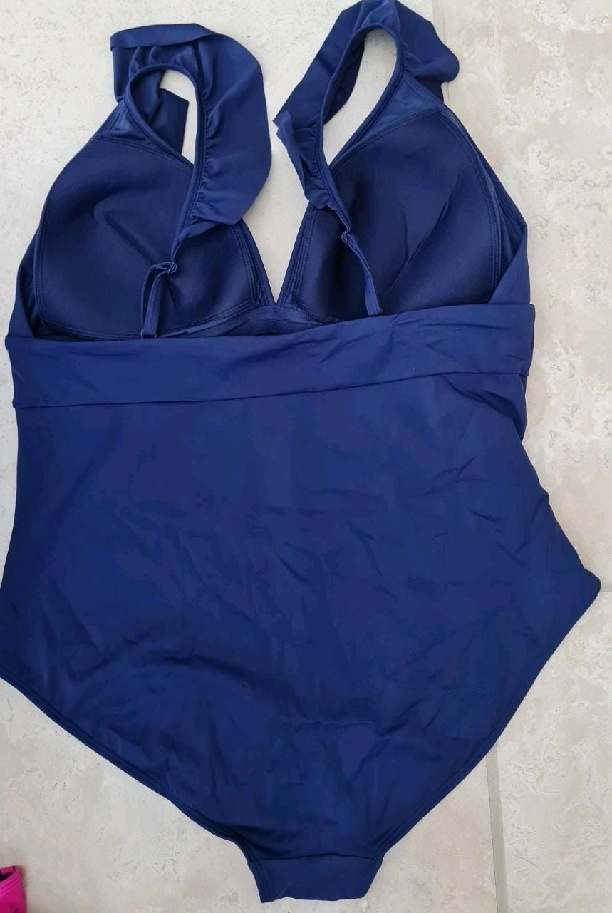 Thumbnail: Boden Palermo Ruffle V Neck Swimsuit Navy Size UK 20 Brand New S0189 B2