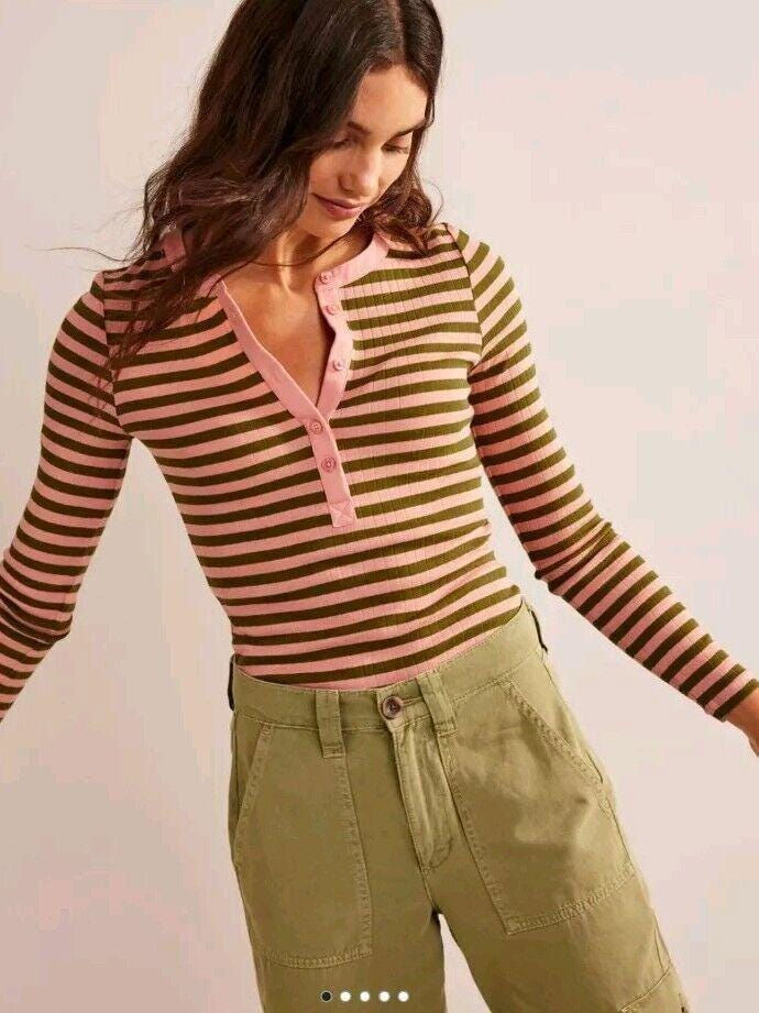 Boden Anna Rib Henley T-Shirtrosette Blush Olive Green T1452 Size Uk 6 New T30
